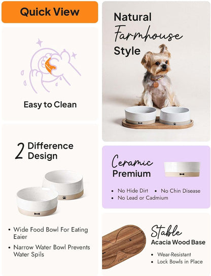 Ceramic Dog Bowl Set with Acacia Wood Tray, 2 Cup Food Bowl + 17 Oz Water Bowl, Weighted Non-Slip Feeding Station for Small Dogs & Cats