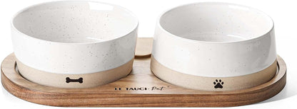 Ceramic Dog Bowl Set with Acacia Wood Tray, 2 Cup Food Bowl + 17 Oz Water Bowl, Weighted Non-Slip Feeding Station for Small Dogs & Cats