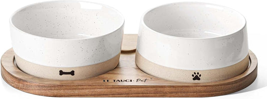 Ceramic Dog Bowl Set with Acacia Wood Tray, 2 Cup Food Bowl + 17 Oz Water Bowl, Weighted Non-Slip Feeding Station for Small Dogs & Cats