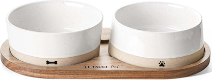 Ceramic Dog Bowl Set with Acacia Wood Tray, 2 Cup Food Bowl + 17 Oz Water Bowl, Weighted Non-Slip Feeding Station for Small Dogs & Cats