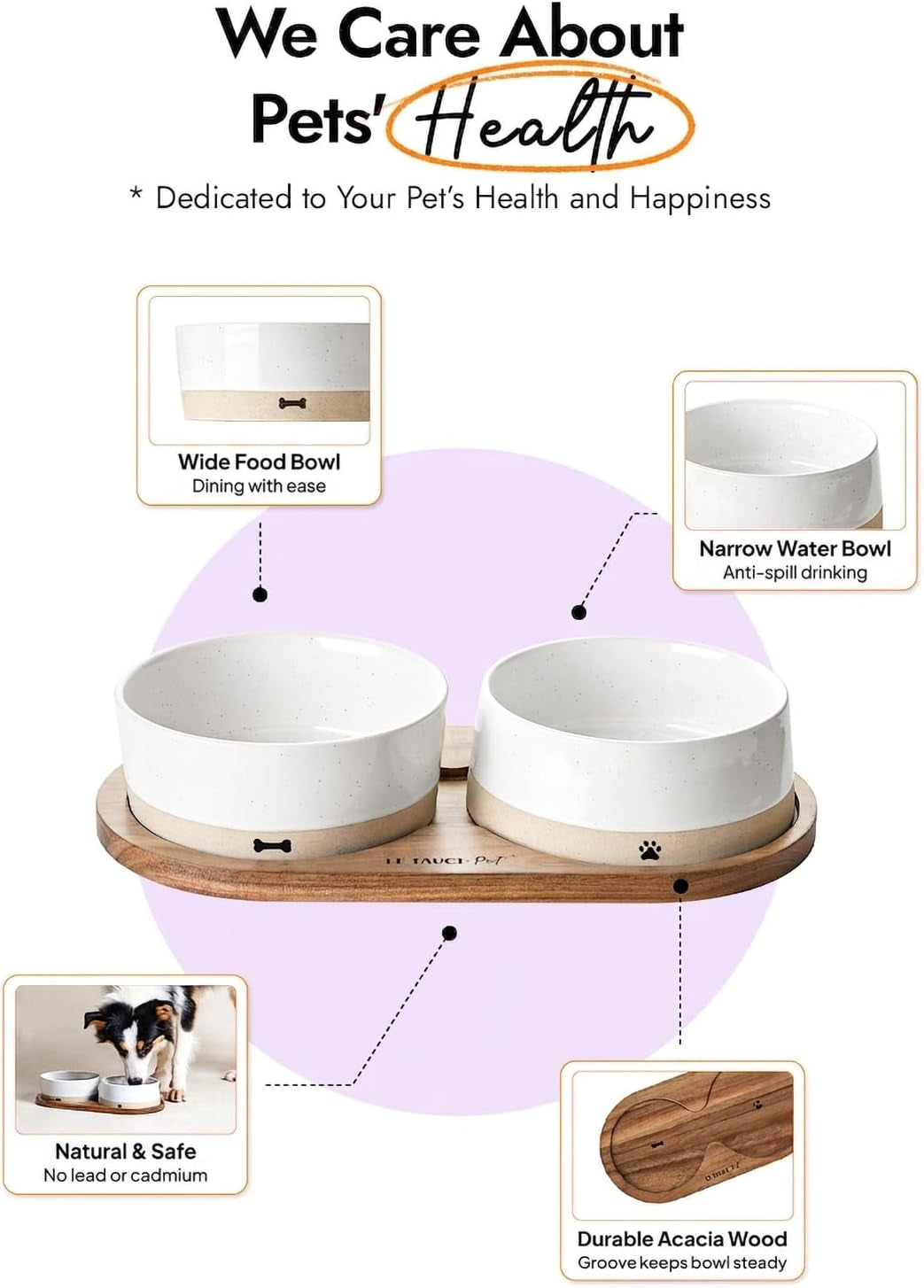 Ceramic Dog Bowl Set with Acacia Wood Tray, 2 Cup Food Bowl + 17 Oz Water Bowl, Weighted Non-Slip Feeding Station for Small Dogs & Cats
