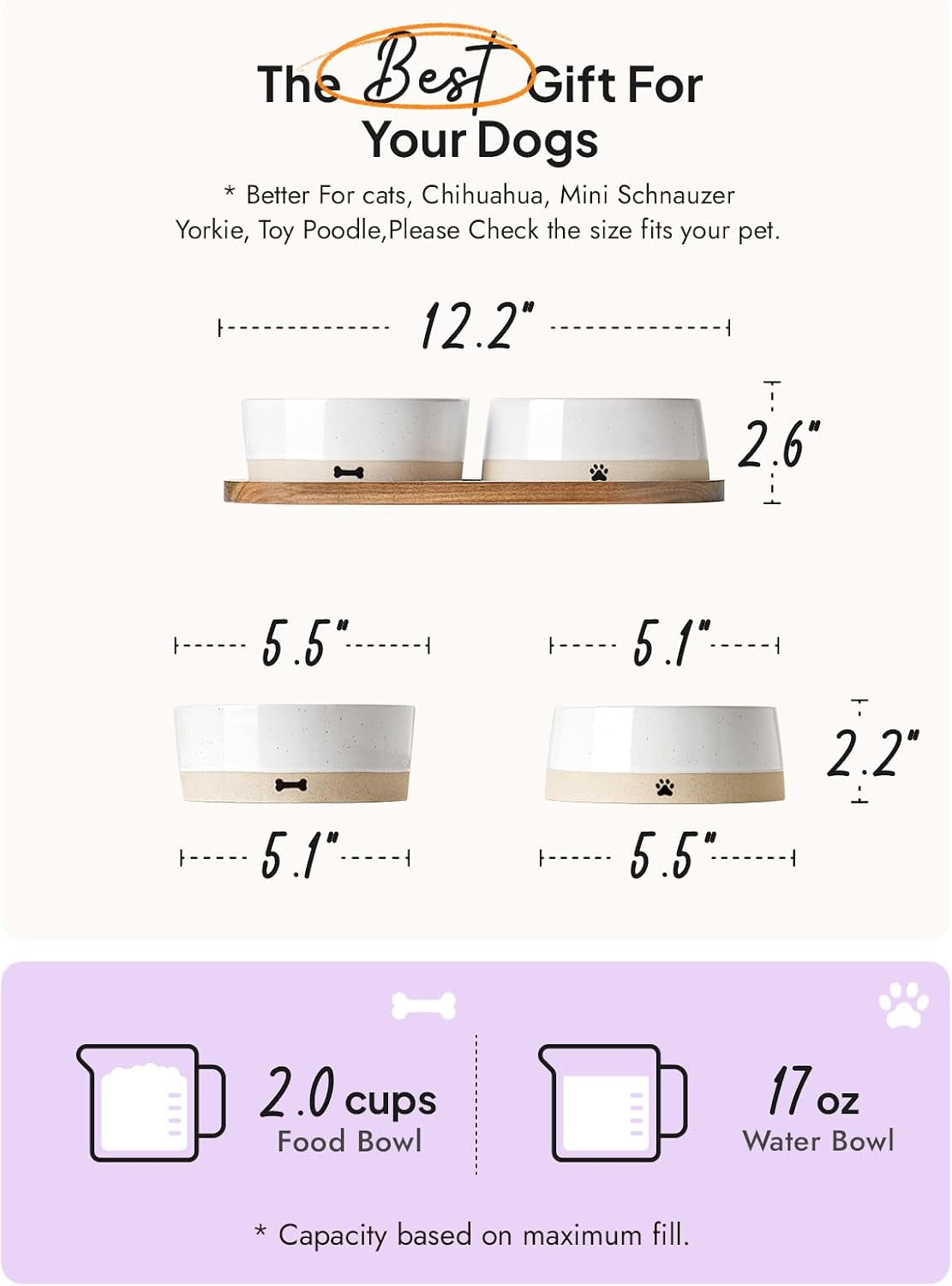 Ceramic Dog Bowl Set with Acacia Wood Tray, 2 Cup Food Bowl + 17 Oz Water Bowl, Weighted Non-Slip Feeding Station for Small Dogs & Cats