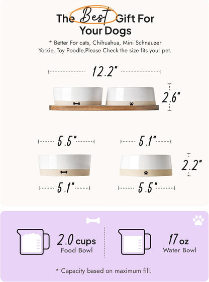 Ceramic Dog Bowl Set with Acacia Wood Tray, 2 Cup Food Bowl + 17 Oz Water Bowl, Weighted Non-Slip Feeding Station for Small Dogs & Cats